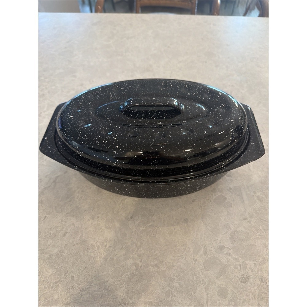 Vintage Black White Speckled Enamel Roaster Pan Oval‎ Cookware with Lid 13x8